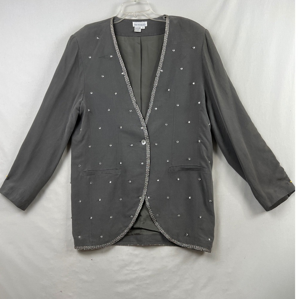 Lew Magram Blazer Women 14 Gray Silk Rhinestone Vintage Evening Jacket